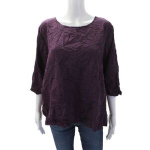 Shana Womens Textured Round Neck 3/4 Sleeve Pullover Blouse Top Purple Size S